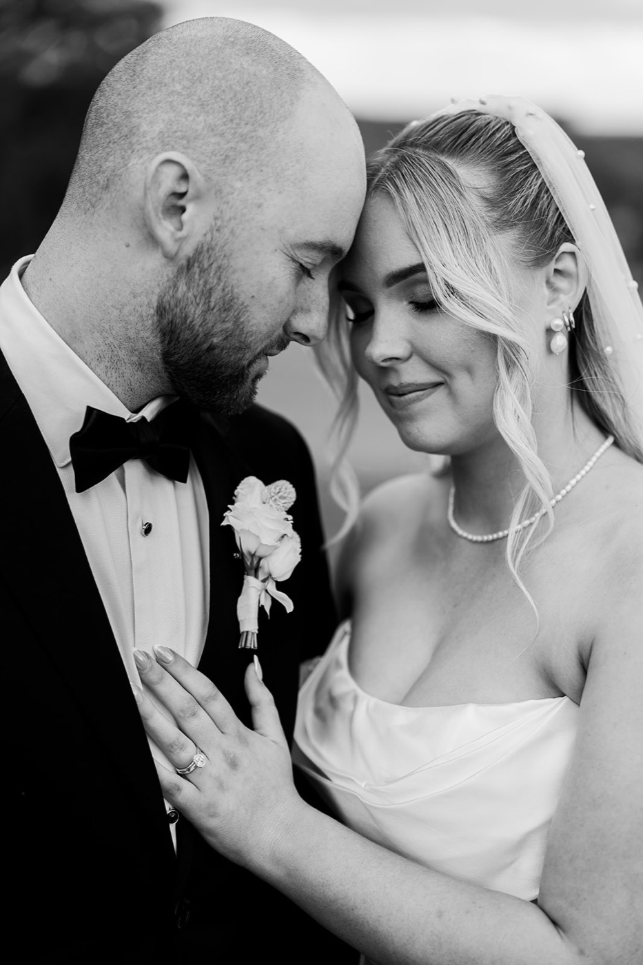 A close portrait, in black and white. Ashley & Justin's wedding at Haven Ridge, Grants Beach, Mid North Coast
