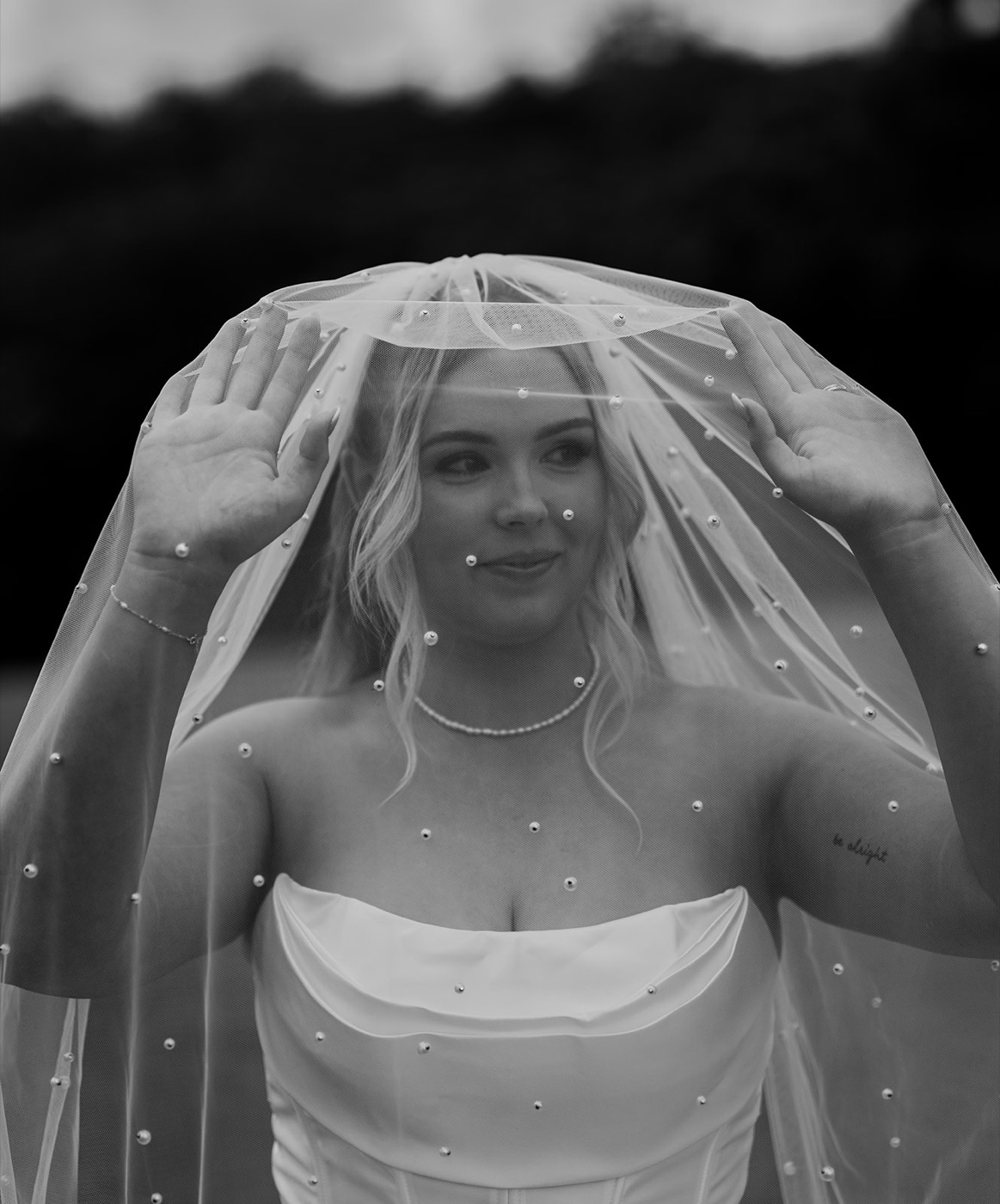 Portrait under the veil, in black and white. Ashley & Justin's wedding at Haven Ridge, Grants Beach, Mid North Coast