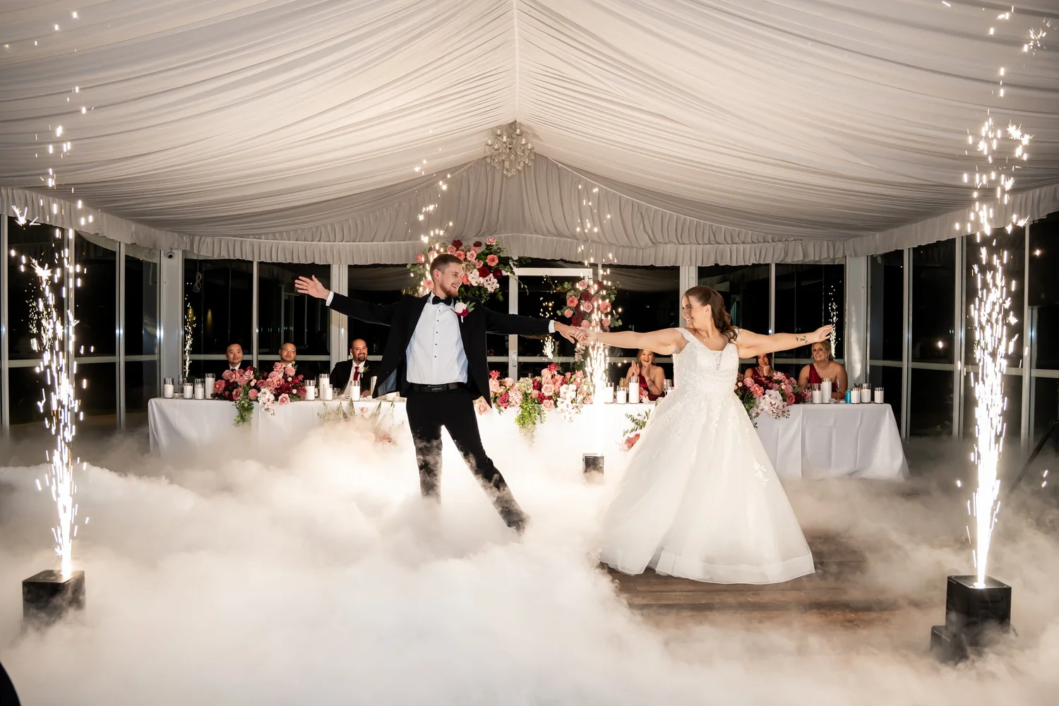 First dance under a marquee with dry ice