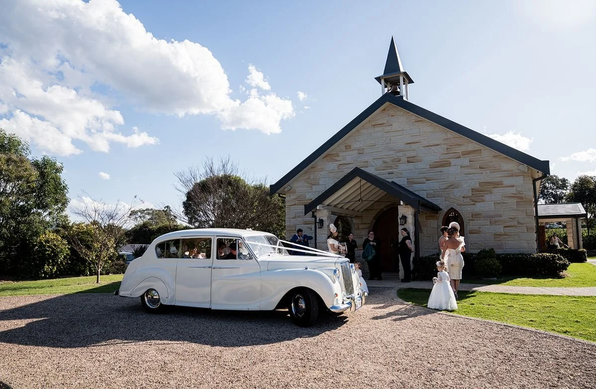 A vintage car outside the chapel. Wedding at Peterson House, Hunter Valley