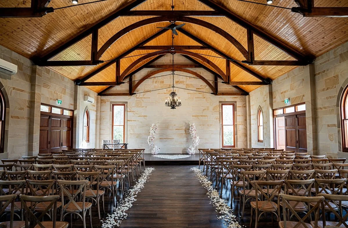Inside the chapel with its timber beams. Wedding at Peterson House, Hunter Valley