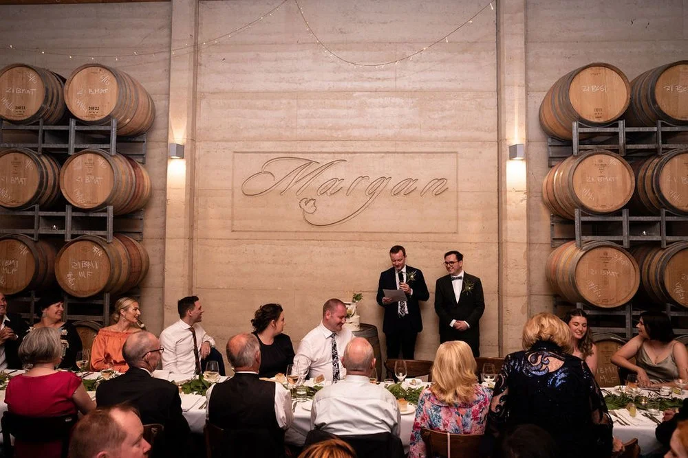 The reception in the barrel room. Aaron & Scott's wedding at Margan Wines, Hunter Valley