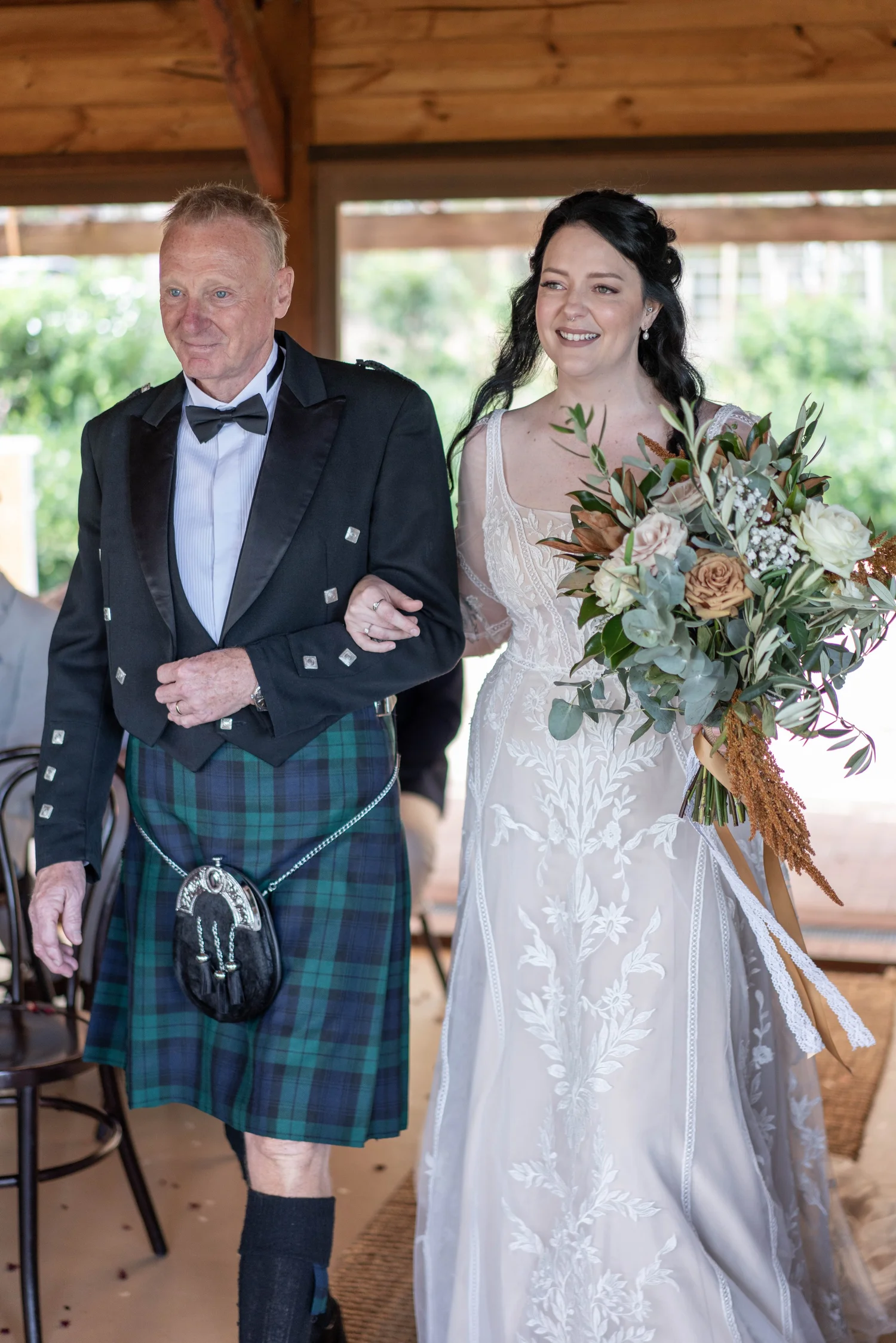 Walking down the aisle with a family member in a kilt. Alana & Peter's wedding at Peppers Creek, Hunter Valley