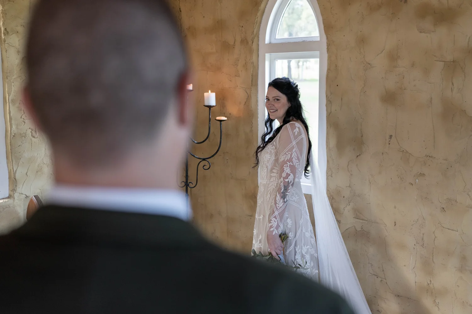 A first look in the chapel. Alana & Peter's wedding at Peppers Creek, Hunter Valley