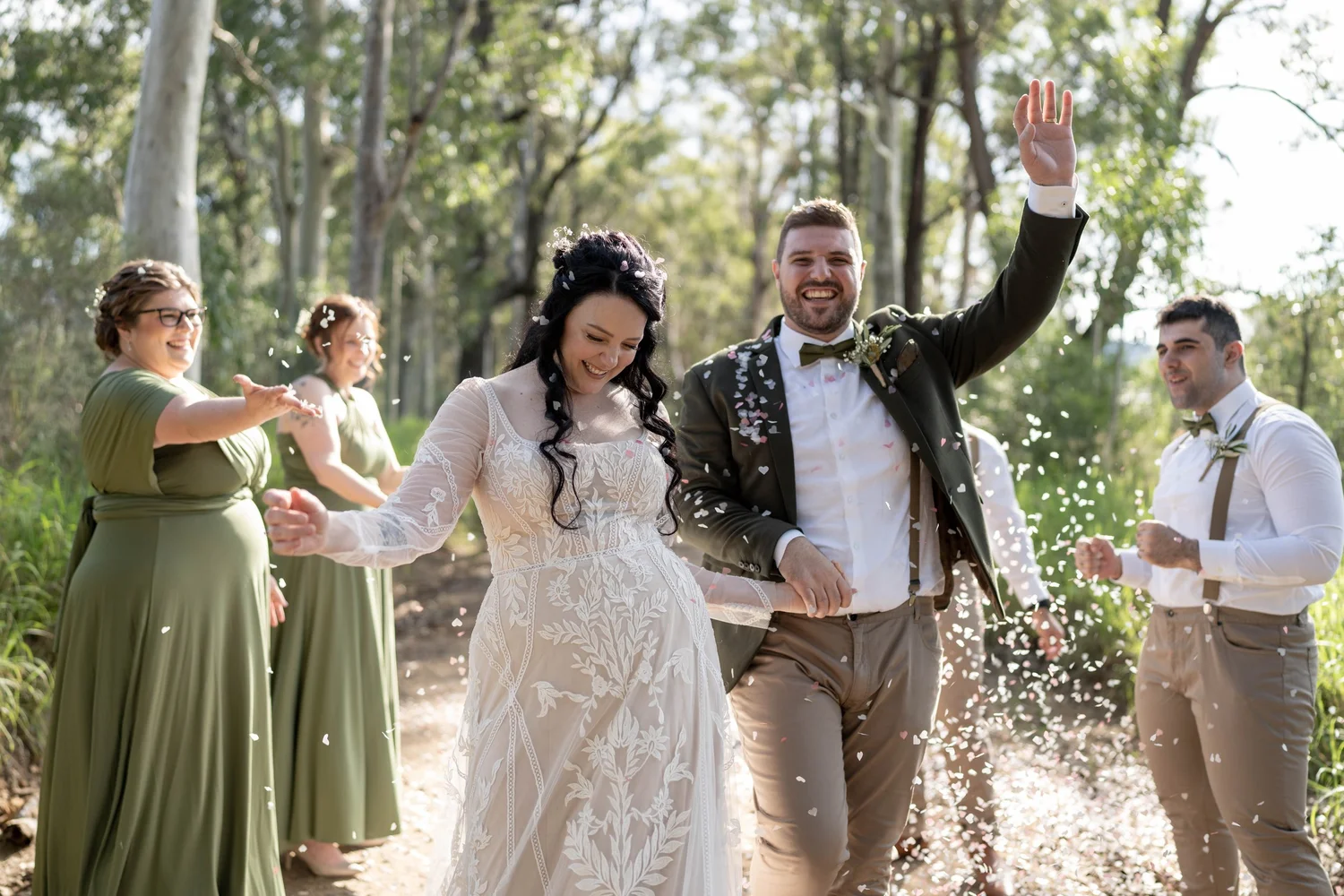 Celebrating with the wedding party in the gum trees. Alana & Peter's wedding at Peppers Creek, Hunter Valley