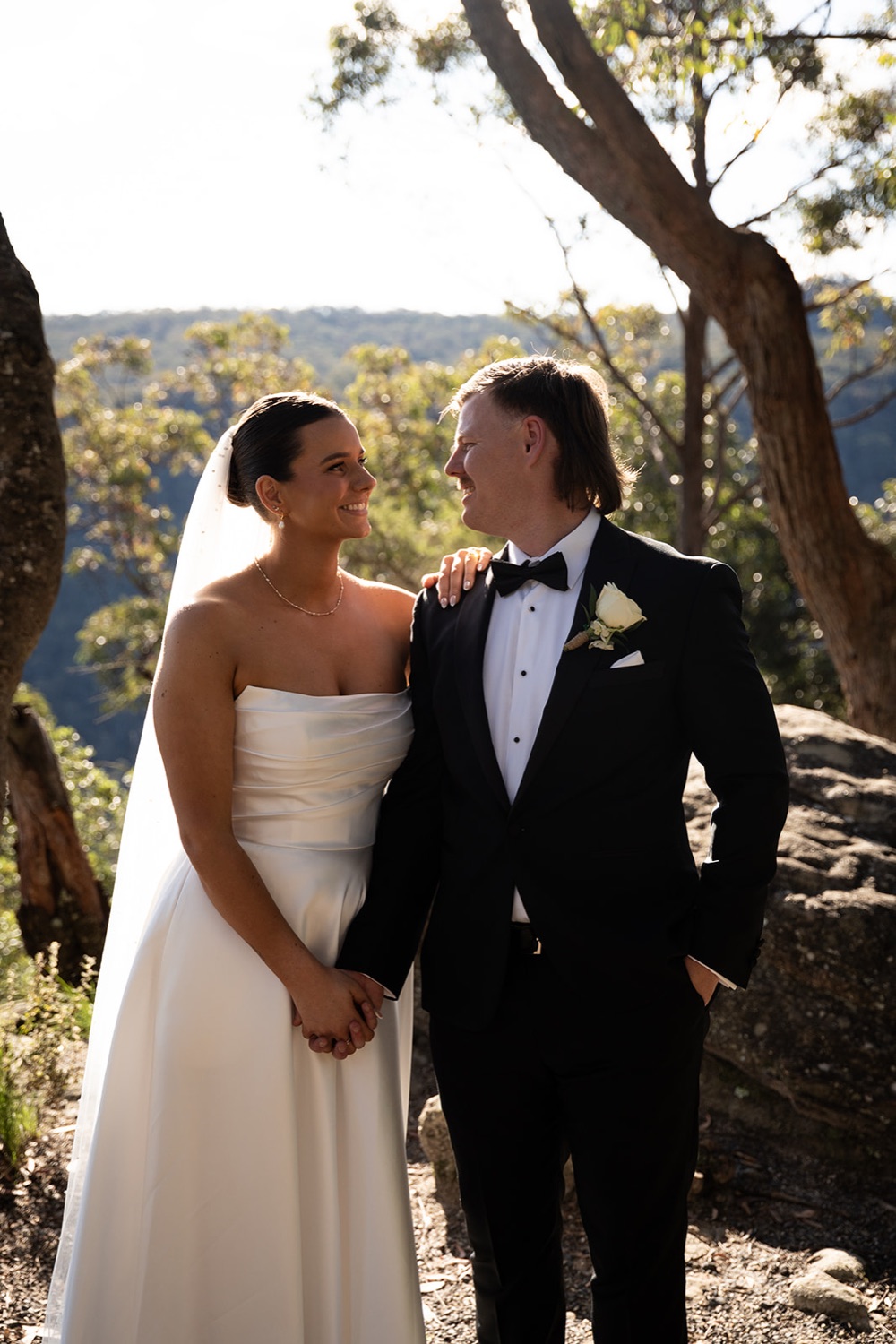 The couple at the lookout. Amelia & Connor's wedding at Glenworth Valley, Central Coast