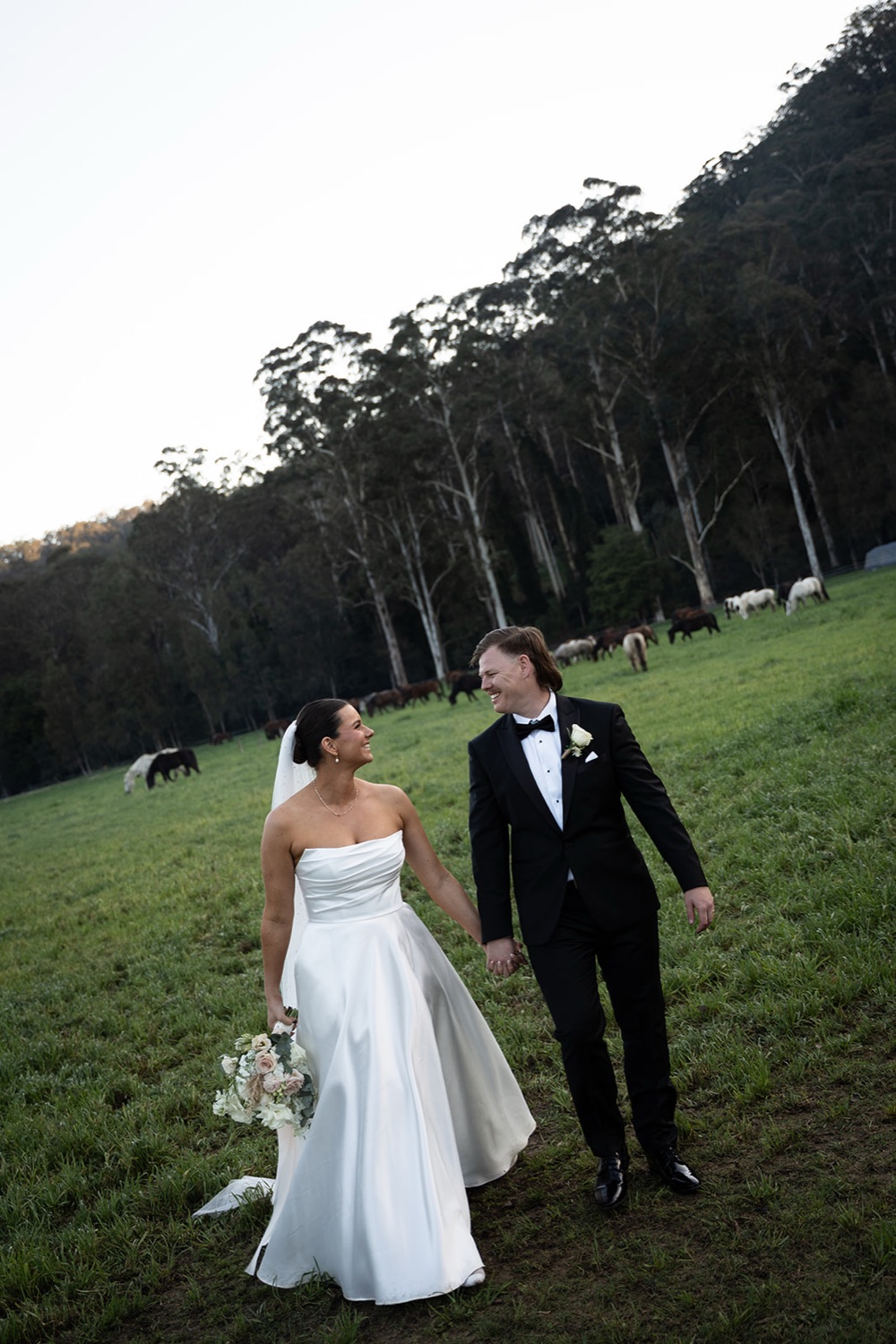 Walking across the paddock. Amelia & Connor's wedding at Glenworth Valley, Central Coast