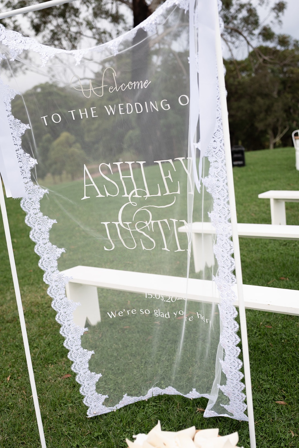 The welcome sign. Ashley & Justin's wedding at Haven Ridge, Grants Beach, Mid North Coast