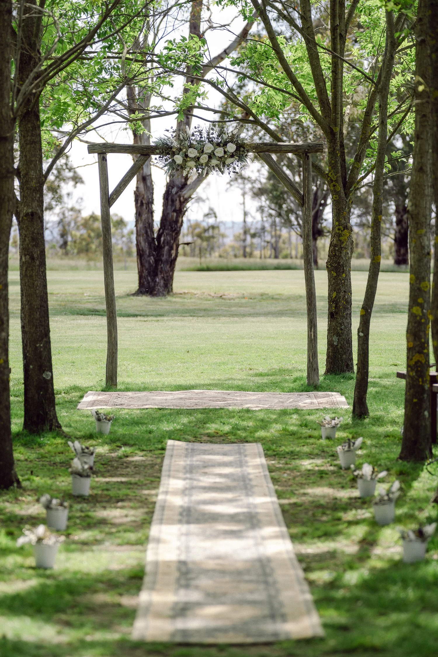 The aisle path between the trees. Daena & Inez's wedding at Collits Inn, Blue Mountains