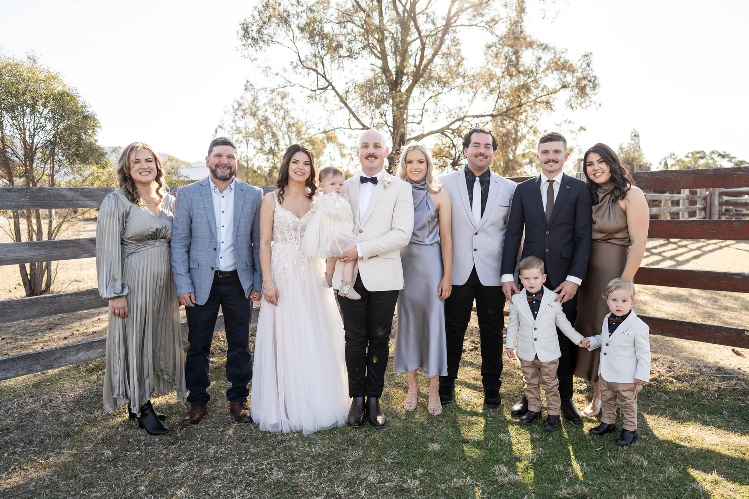 Family photo in the paddock. Grace & Rhys's wedding at Marlu Station, Hunter Valley