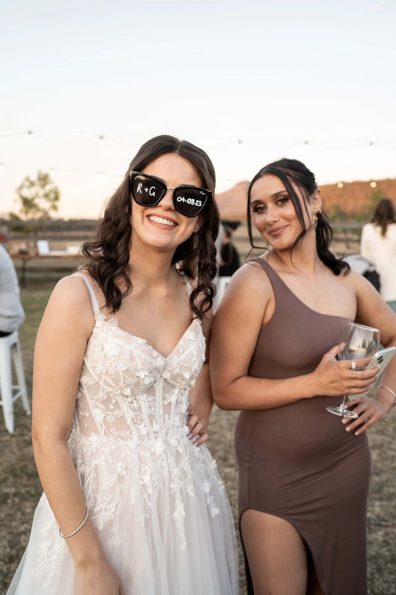 Friends in sunglasses. Grace & Rhys's wedding at Marlu Station, Hunter Valley