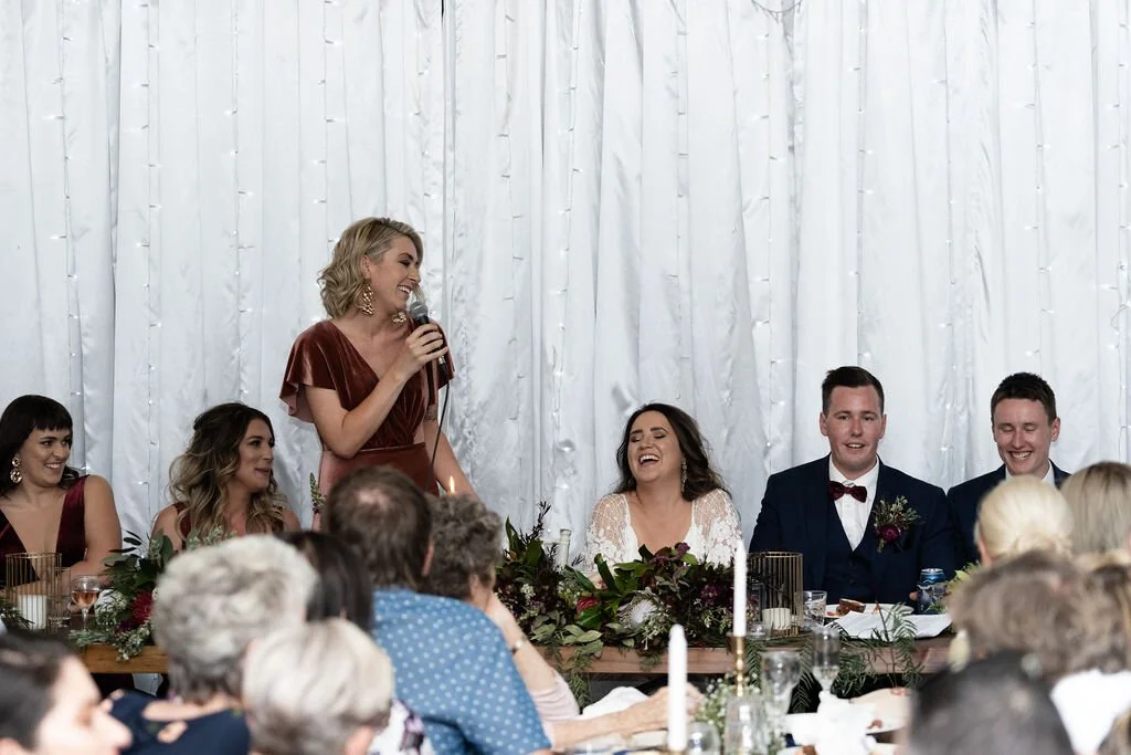 A speech at the reception. Grace & Shannon's wedding at All Saints Chapel, Woodville, Hunter Valley