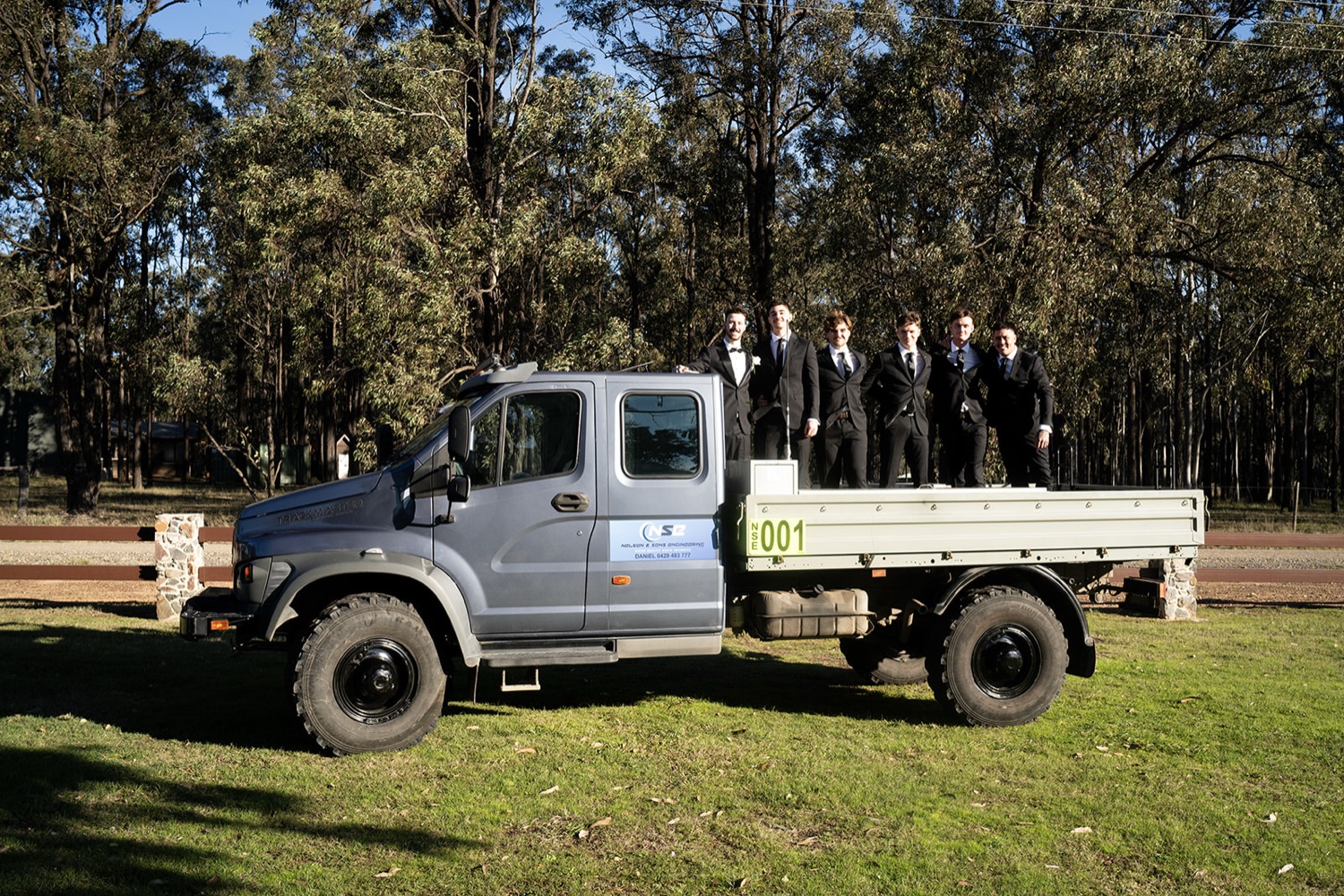 The wedding party with a vintage truck. Isabelle & Aidan's wedding at Enzo, Hunter Valley