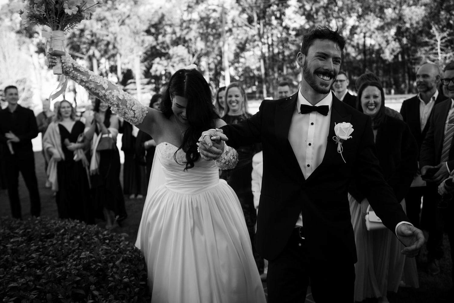 Celebrating, in black and white. Isabelle & Aidan's wedding at Enzo, Hunter Valley