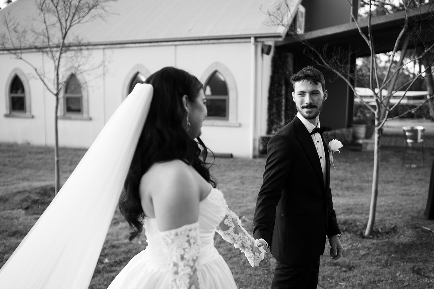 At the chapel, in black and white. Isabelle & Aidan's wedding at Enzo, Hunter Valley
