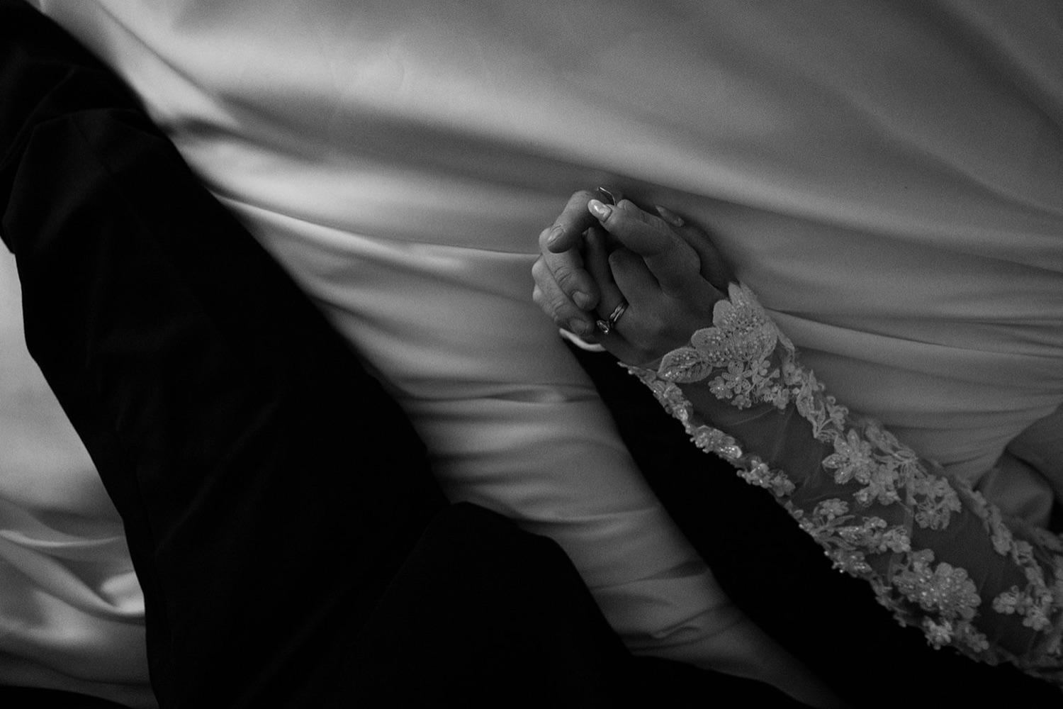 Detail of the sleeve, in black and white. Isabelle & Aidan's wedding at Enzo, Hunter Valley