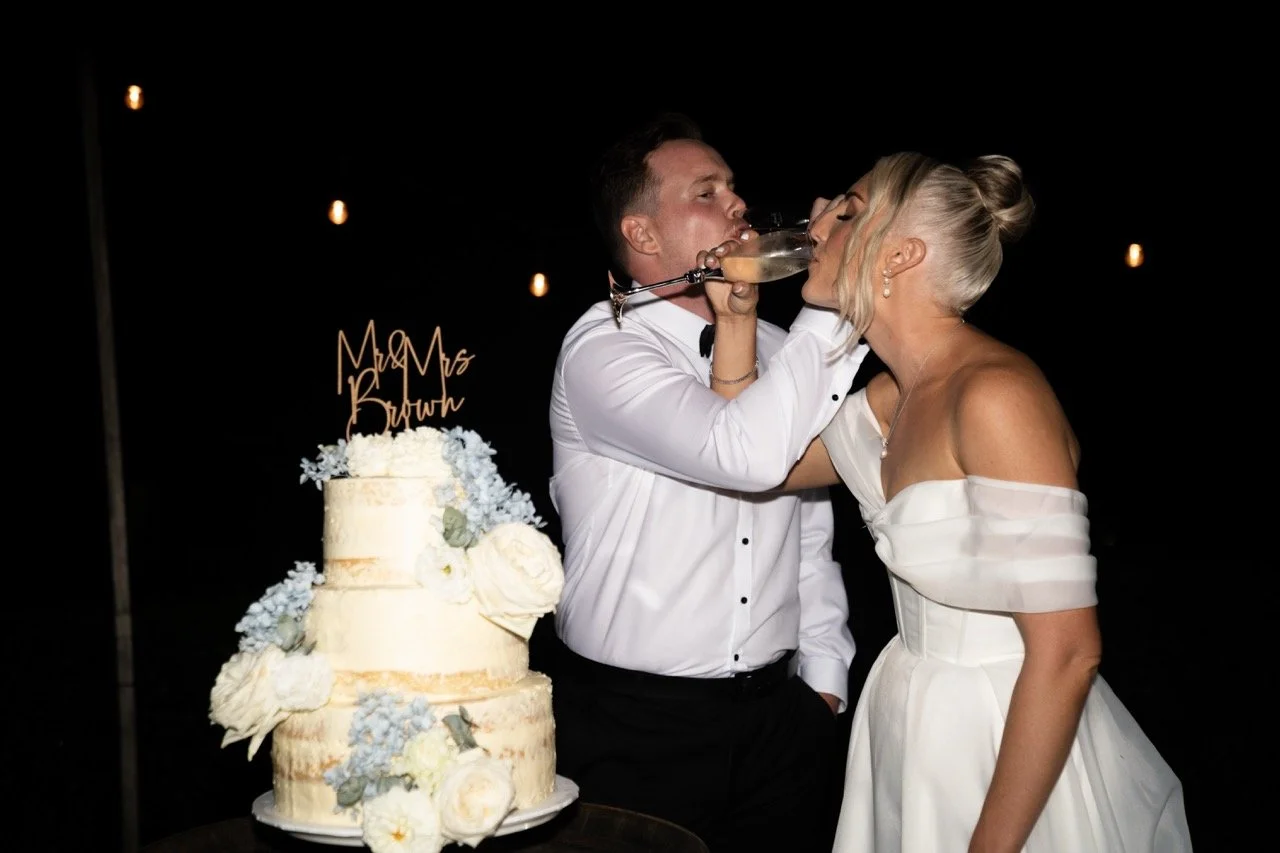 Cake time at night. Jamie & Corey's wedding at Squire’s Vineyard, Hunter Valley