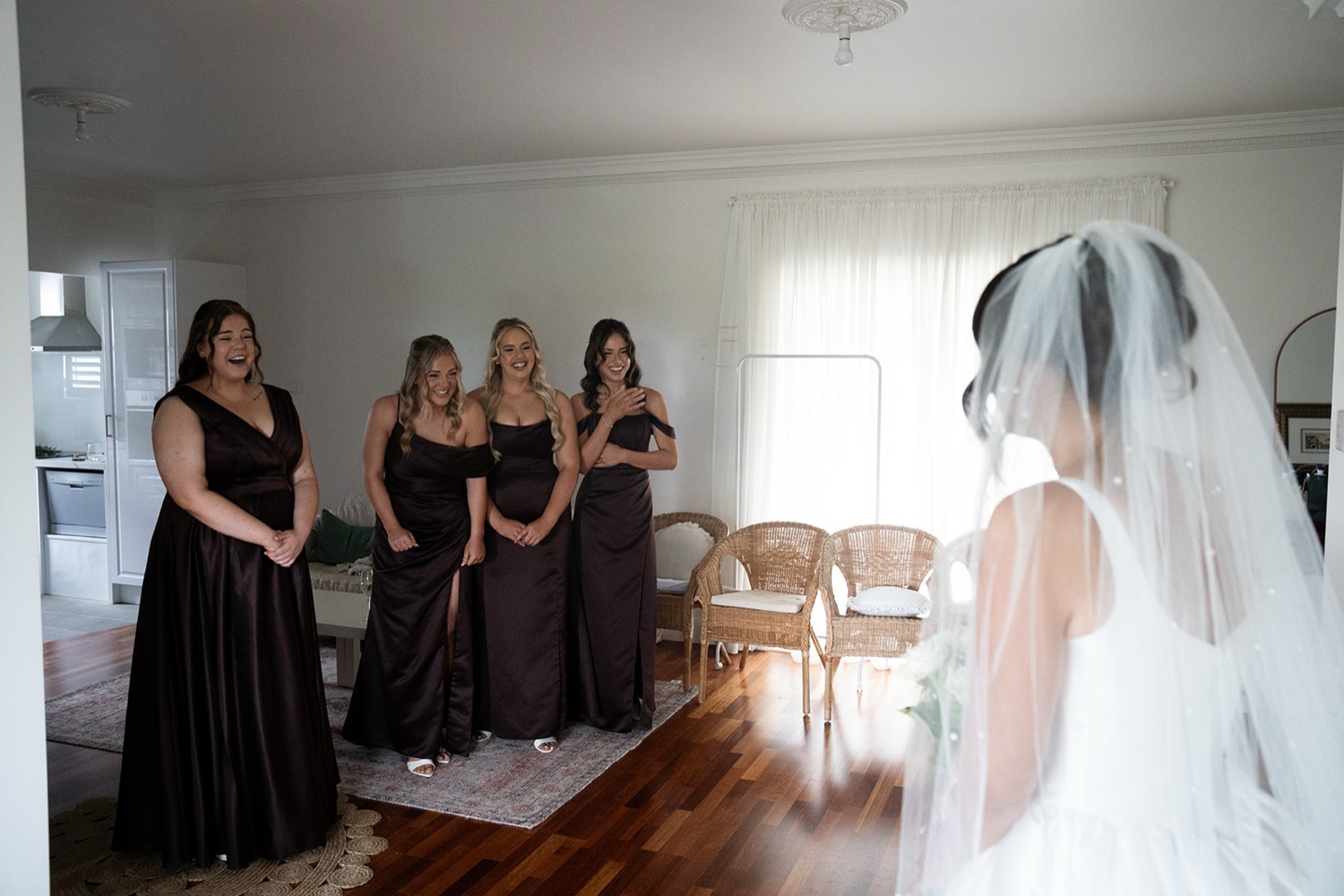 A first look with the wedding party. Jasmine & Joshua's wedding at The Lakehouse, North Richmond, Sydney