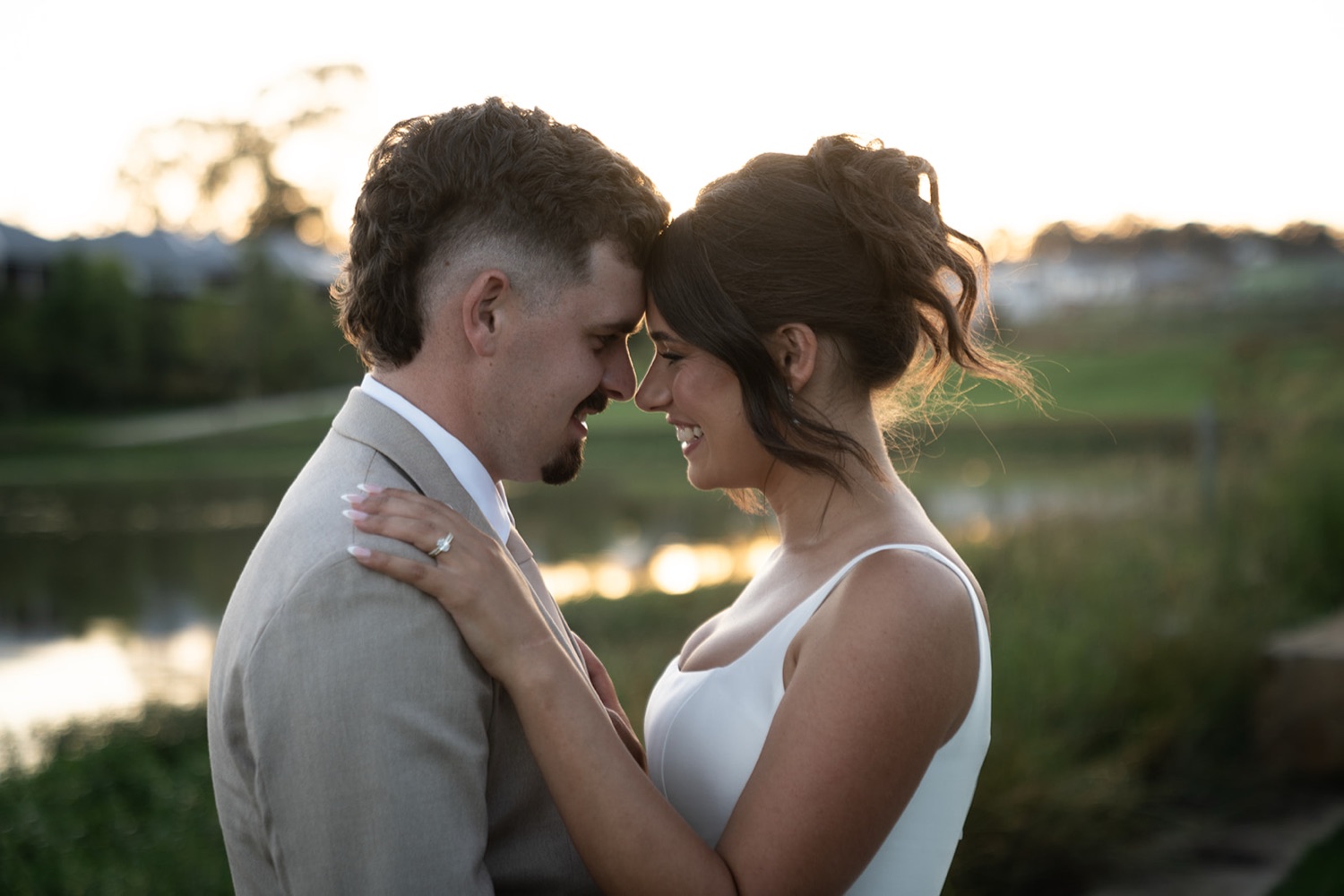 Forehead to forehead at golden hour. Jasmine & Joshua's wedding at The Lakehouse, North Richmond, Sydney