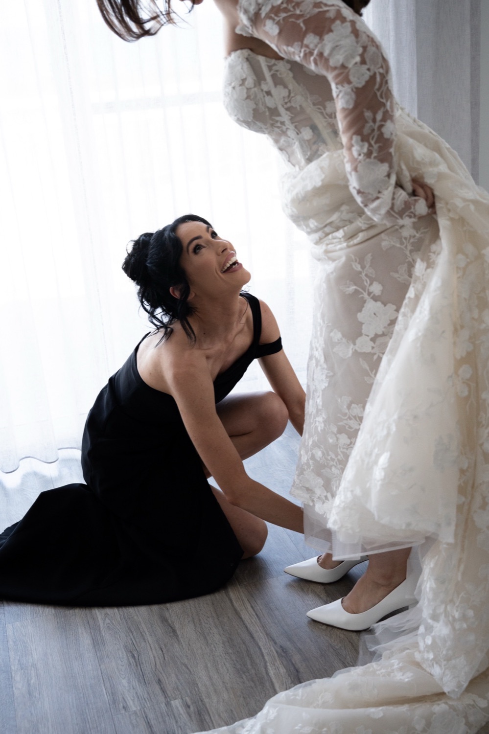 Getting ready, in black and white. Jemma & Matthew's wedding at Caves Coastal Bar & Bungalows, Newcastle