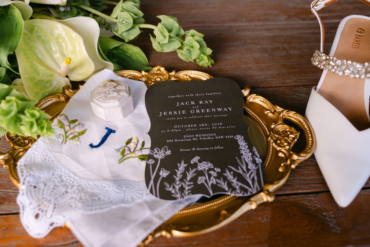 Wedding stationery on a gold tray. Jessie & Jack's wedding at Enzo, Hunter Valley