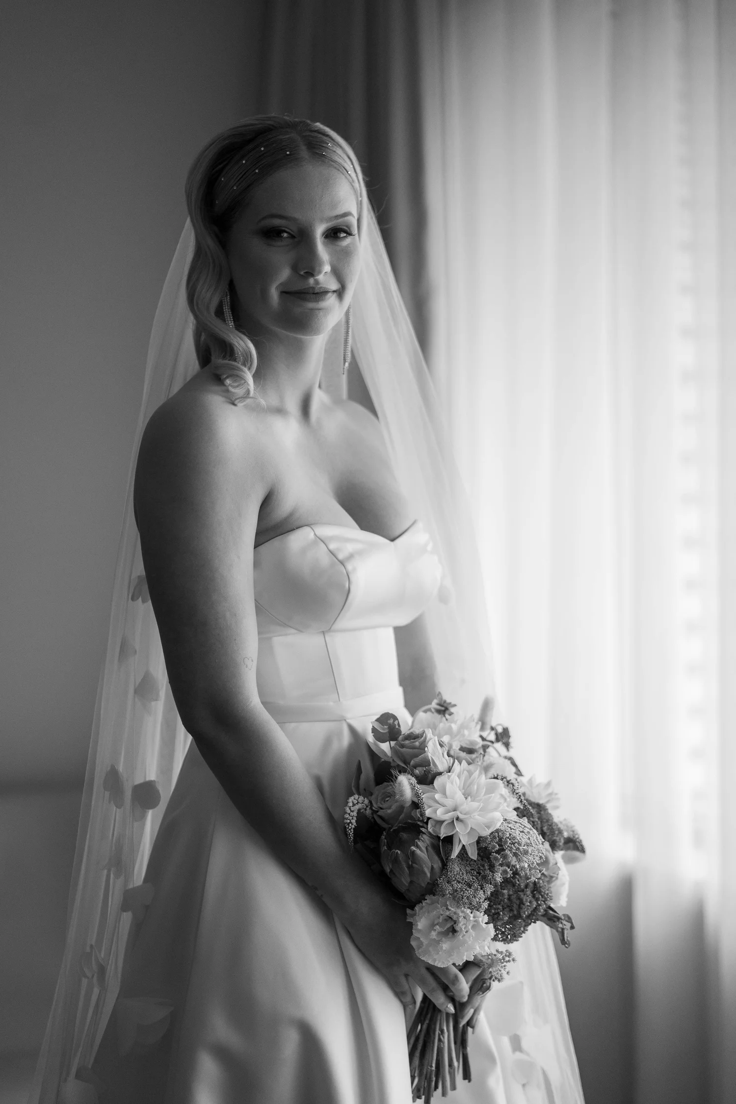Portrait with the veil, in black and white. Jordan & Matthew's wedding at Ottimo House, Sydney