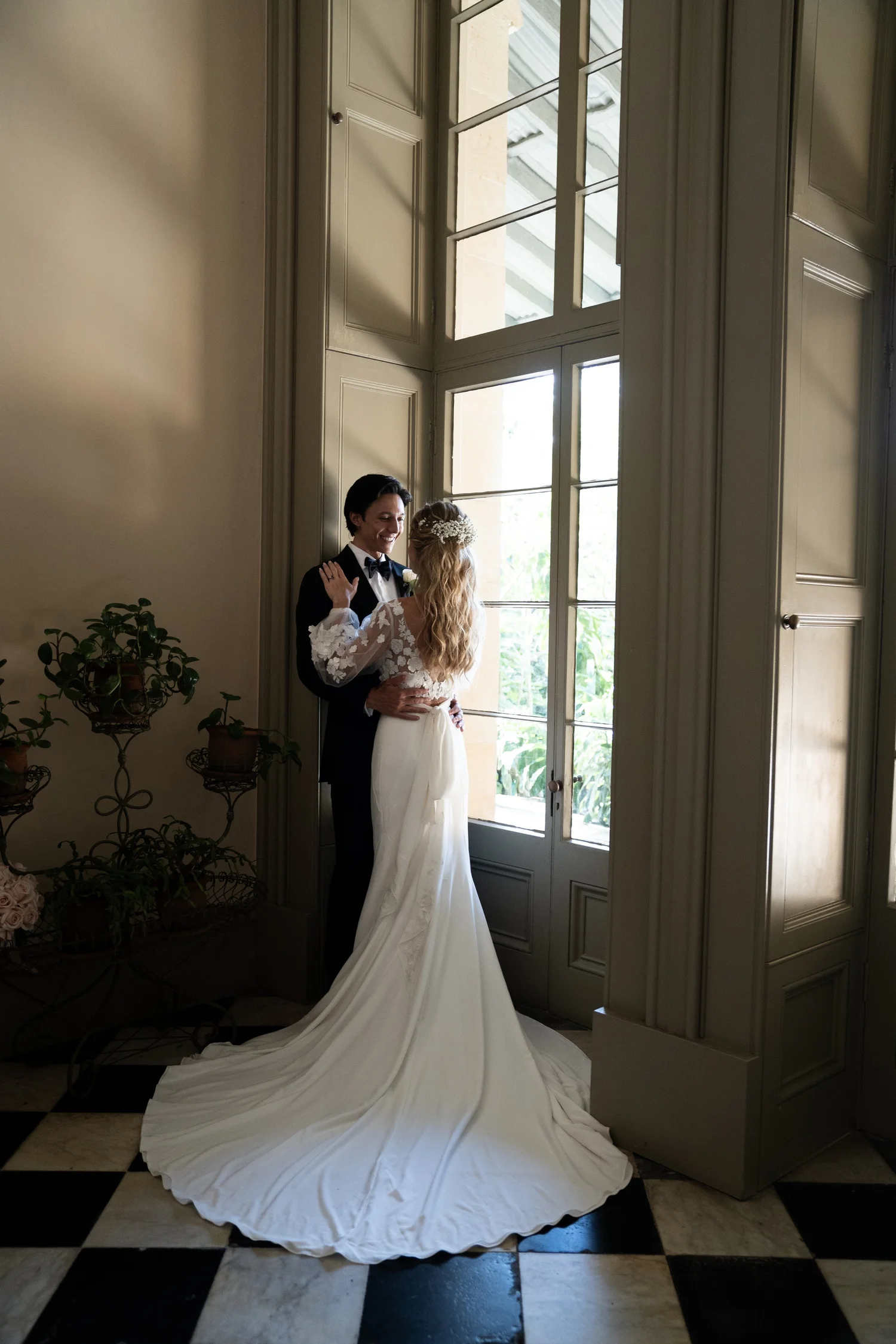 Portrait on the checkered floor. Kat & Aaryn's wedding at Vaucluse House, Sydney