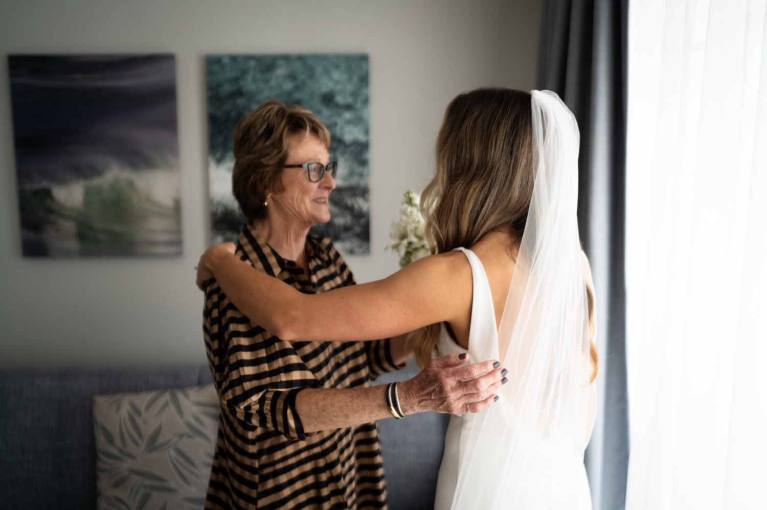 A moment with family before the ceremony. Lauren & Alasdair's wedding at Shoal Bay Beach, Port Stephens
