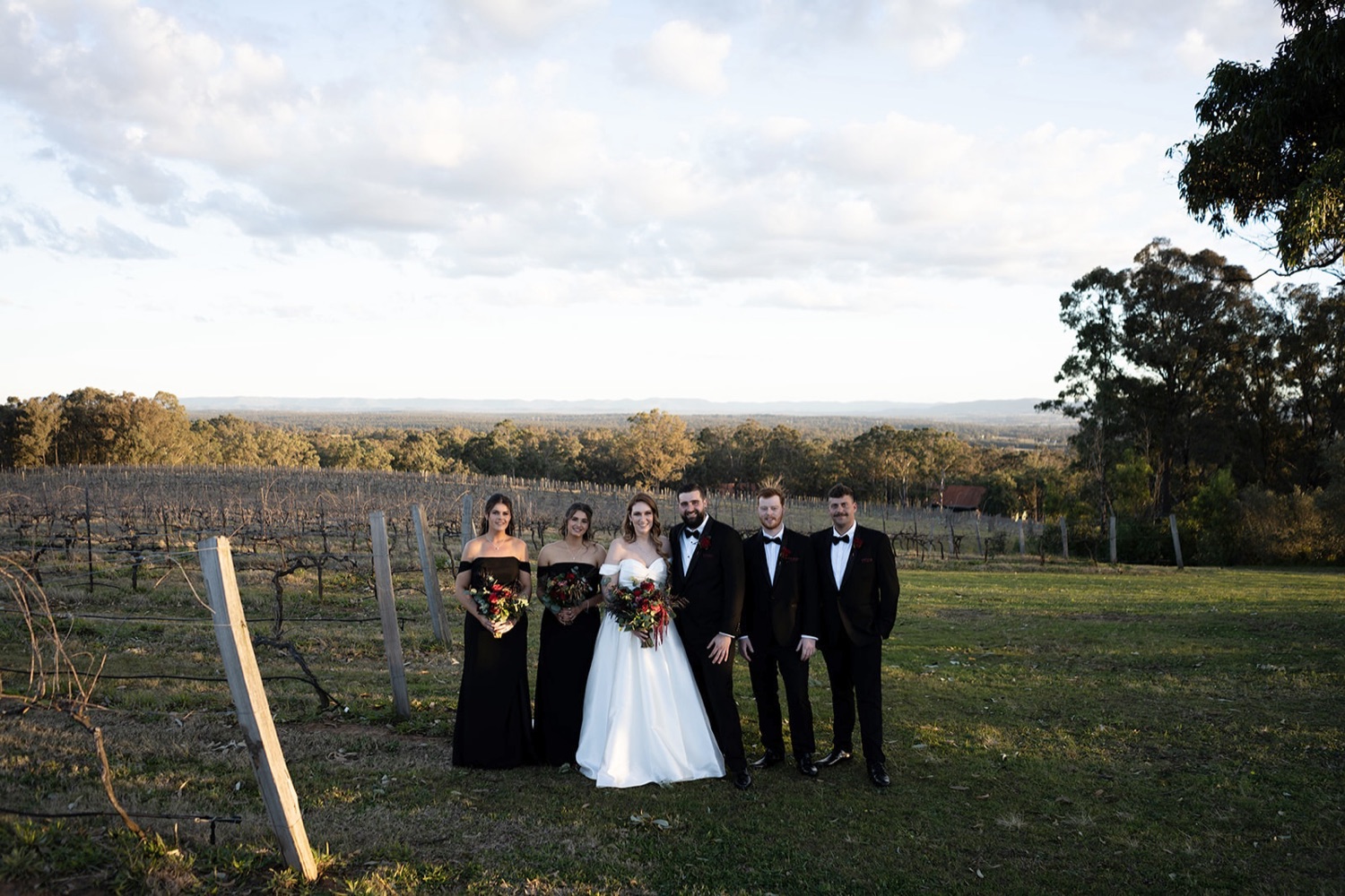 The wedding party with the valley behind. Sarah & Alex's wedding at Wandin Estate, Hunter Valley