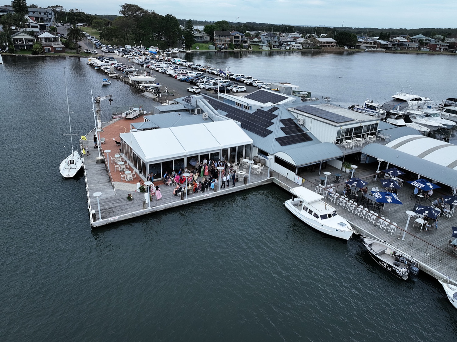 The yacht club and marina from above. Seneli & Grayson's wedding at Lake Macquarie Yacht Club, Belmont, Newcastle