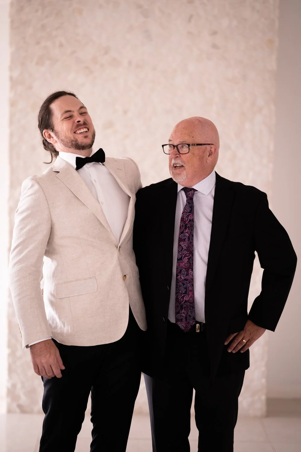 Ready in a white dinner jacket with family. Tamara & Sam's wedding at Kantara House, Central Coast