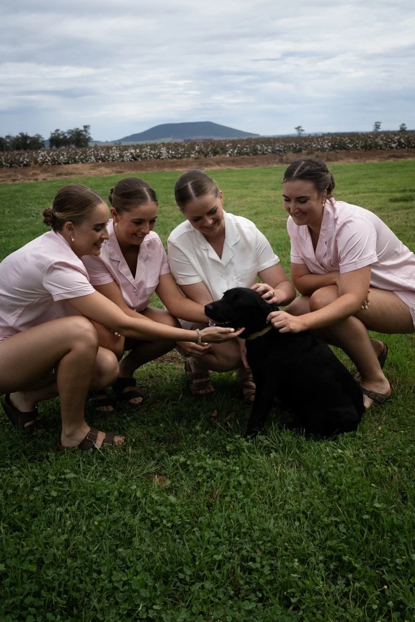 The wedding party with the dog on the lawn. Tara & Andrew's wedding at Emerald Hill, Regional NSW