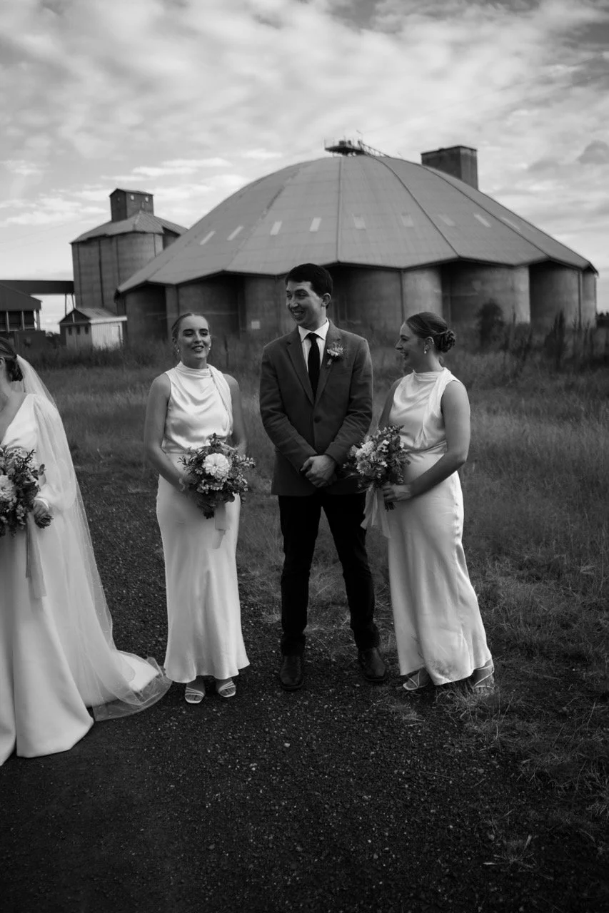 The wedding party at the old homestead, in black and white. Tara & Andrew's wedding at Emerald Hill, Regional NSW