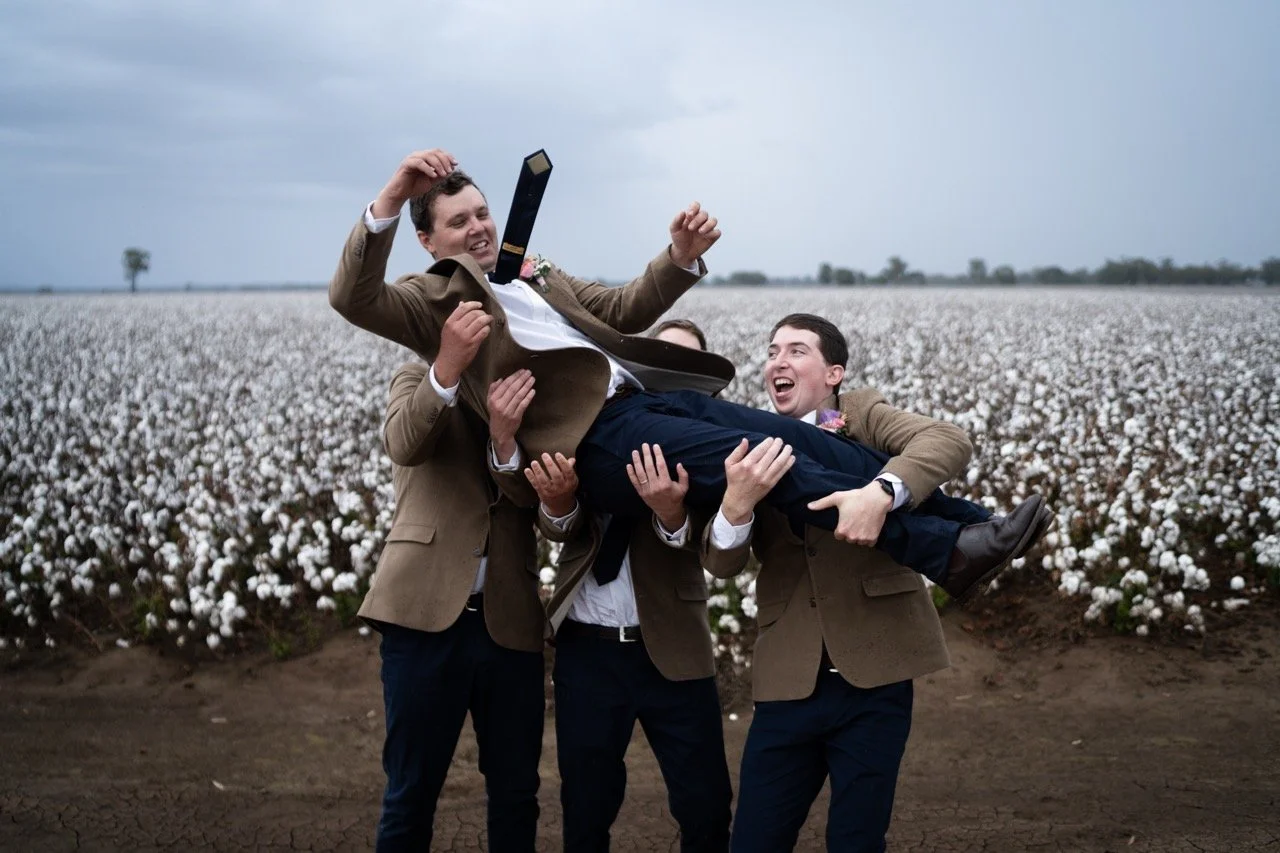 The wedding party in the cotton field. Tara & Andrew's wedding at Emerald Hill, Regional NSW