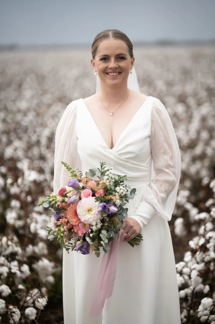 Portrait in the cotton field. Tara & Andrew's wedding at Emerald Hill, Regional NSW