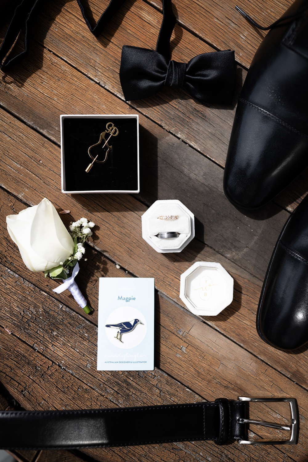 Wedding details: watch, rings and cufflinks on timber. Tianah & Zac's wedding at White Barn, Hunter Valley