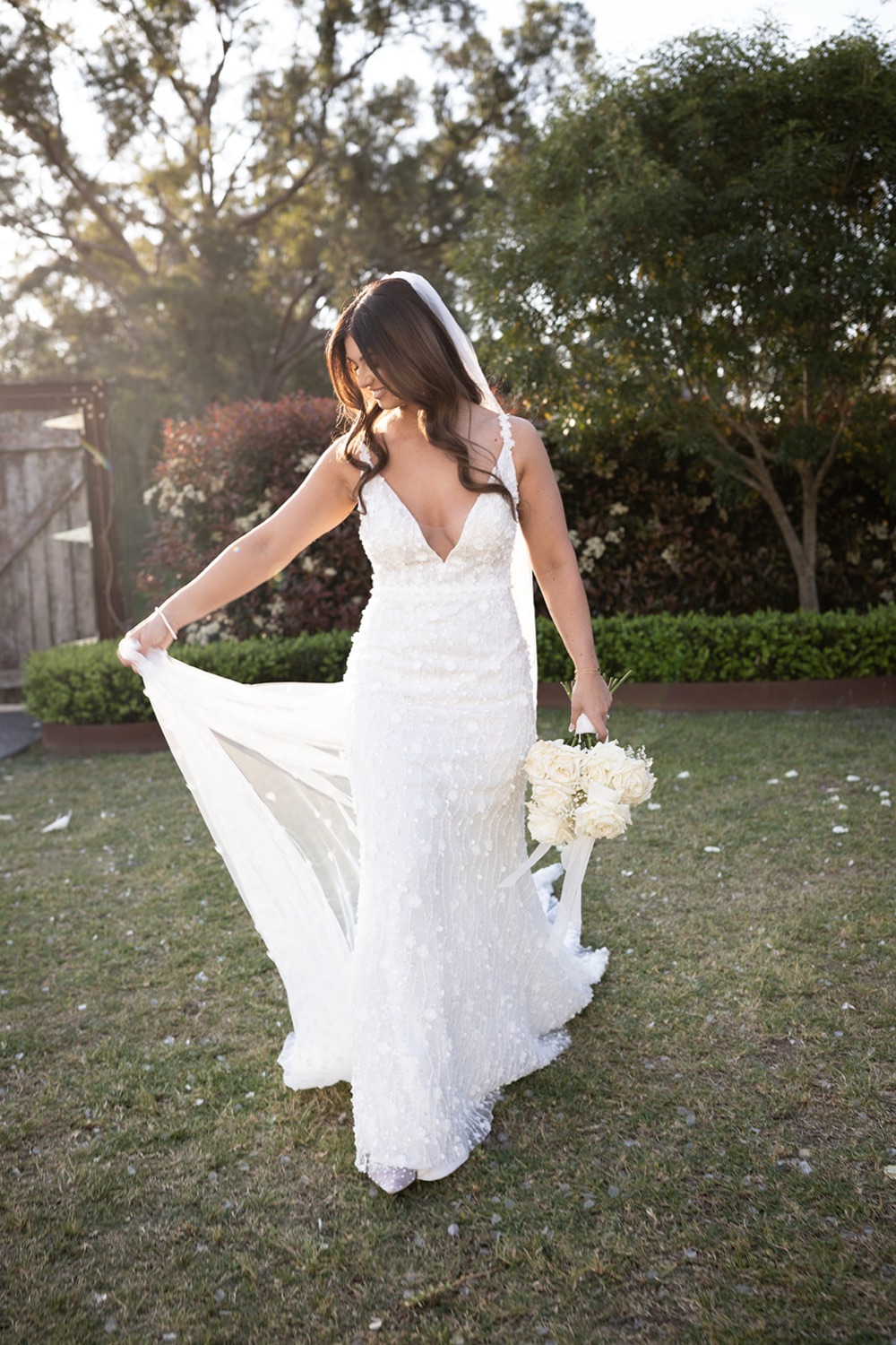 Twirling the dress at golden hour. Tianah & Zac's wedding at White Barn, Hunter Valley