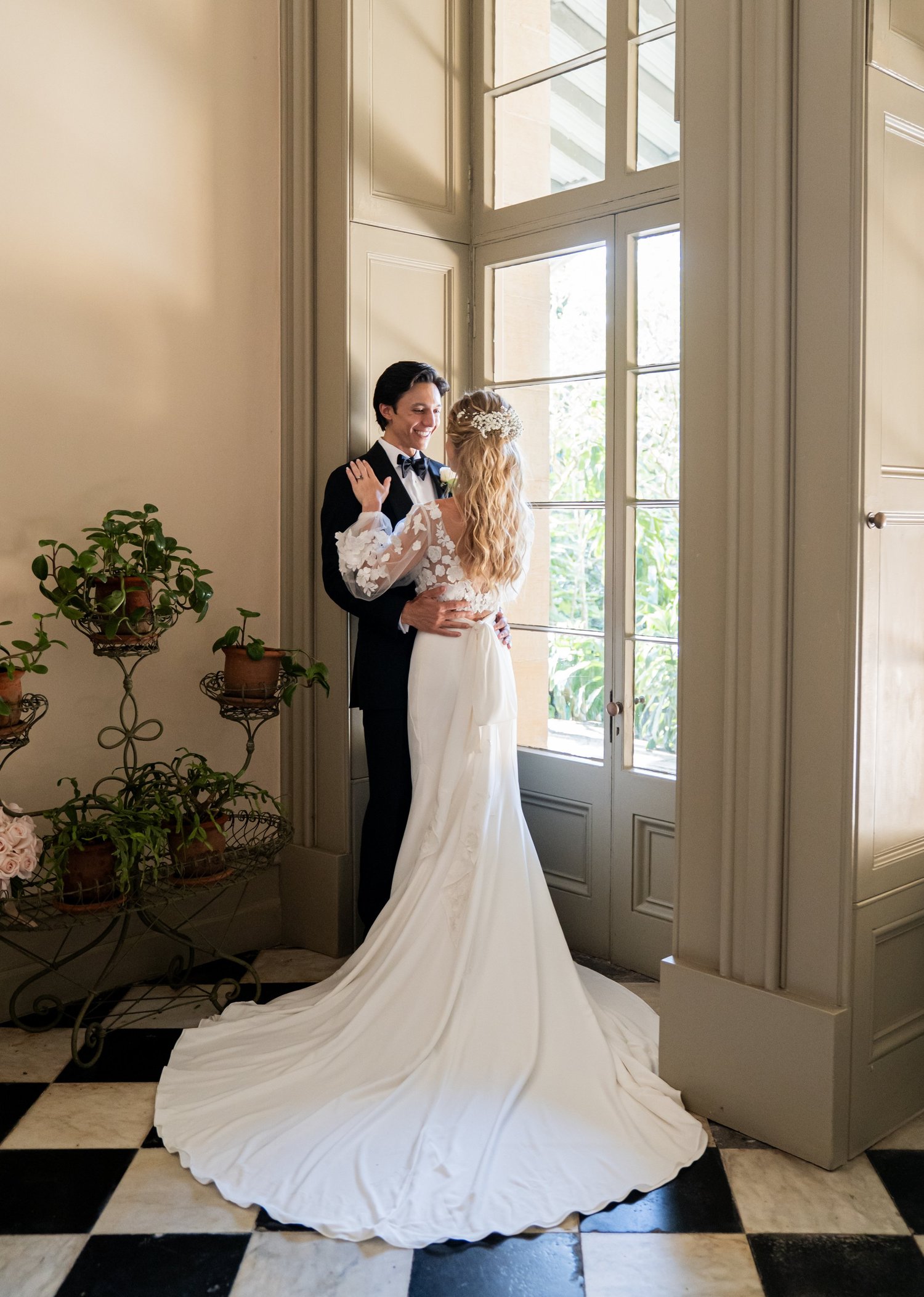 Portrait on the checkered floor. Kat & Aaryn's wedding at Vaucluse House, Sydney